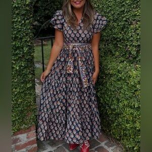 Navy Floral Maxi Dress with Flutter Sleeves